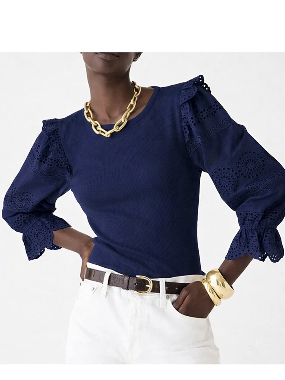 J. Crew Navy Eyelet Ruffle Puff-Sleeve Top size small